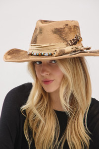 Distressed Fabric Band Feather Cowgirl Fedora Hat