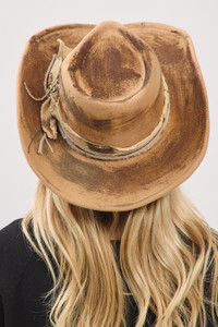 Distressed Fabric Band Feather Cowgirl Fedora Hat