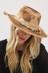 Distressed Fabric Band Feather Cowgirl Fedora Hat