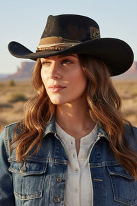 Rustic Vintage Style Cowgirl Cowboy Fedora Hat with Distressed Fabric and Rustic Safety Pin 
