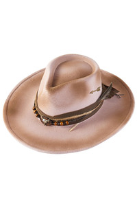 Rustic Vintage Style Cowgirl Cowboy Fedora Hat with Distressed Fabric, Beads, Longhorn Skull, Arrow and Feather
