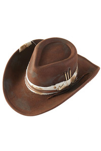 Rustic Vintage Style Cowgirl Cowboy Fedora Hat with Distressed Fabric, Button and Ribbon
