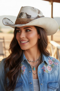 Rustic Vintage Style Cowgirl Cowboy Fedora Hat with Distressed Fabric, Studs and Ribbon
