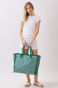 Gingham Check Pattern Frayed Trim Tote Bag
