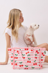 Cherry with Stripe Pattern Fringe Medium Tote Bag
