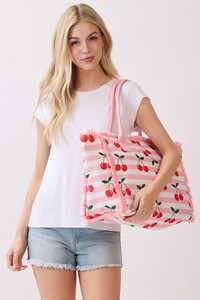 Cherry with Stripe Pattern Fringe Medium Tote Bag
