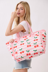 Cherry with Stripe Pattern Fringe Medium Tote Bag
