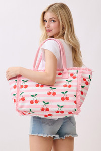 Cherry with Stripe Pattern Fringe Medium Tote Bag
