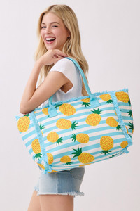 Pineapple with Stripe Pattern Fringe Medium Tote Bag
