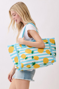 Pineapple with Stripe Pattern Fringe Medium Tote Bag

