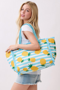 Pineapple with Stripe Pattern Fringe Medium Tote Bag
