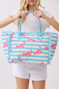 Flamingo with Stripe Pattern Fringe Medium Tote Bag

