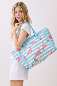 Flamingo with Stripe Pattern Fringe Medium Tote Bag
