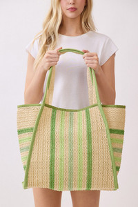 Multi Color Stripe Pattern Natural Straw Tote Bag
