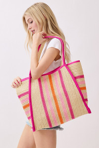 Multi Color Stripe Pattern Natural Straw Tote Bag