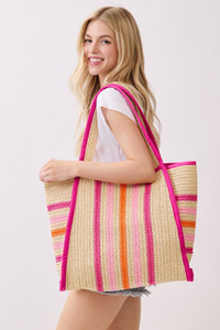 Multi Color Stripe Pattern Natural Straw Tote Bag