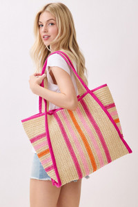 Multi Color Stripe Pattern Natural Straw Tote Bag