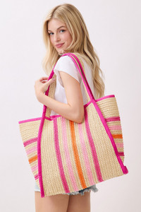 Multi Color Stripe Pattern Natural Straw Tote Bag