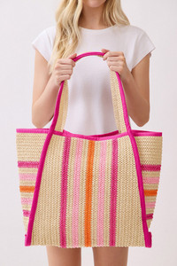 Multi Color Stripe Pattern Natural Straw Tote Bag