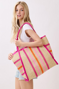 Multi Color Stripe Pattern Natural Straw Tote Bag