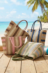 Multi Color Stripe Pattern Natural Brown Straw Tote Bag
