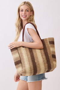 Multi Color Stripe Pattern Natural Brown Straw Tote Bag
