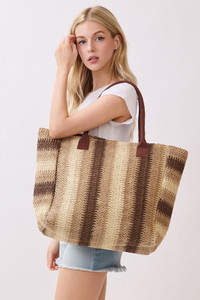 Multi Color Stripe Pattern Natural Brown Straw Tote Bag
