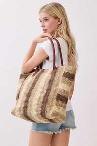 Multi Color Stripe Pattern Natural Brown Straw Tote Bag
