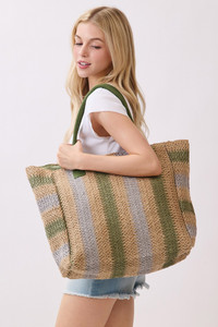 Multi Color Stripe Pattern Natural Brown Straw Tote Bag
