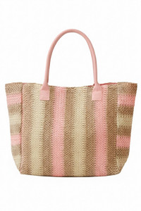 Multi Color Stripe Pattern Natural Brown Straw Tote Bag

