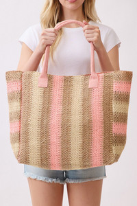 Multi Color Stripe Pattern Natural Brown Straw Tote Bag

