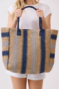 Multi Color Stripe Pattern Natural Brown Straw Tote Bag
