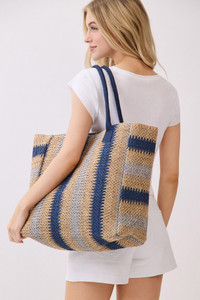 Multi Color Stripe Pattern Natural Brown Straw Tote Bag
