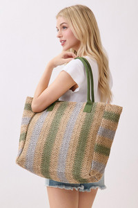 Multi Color Stripe Pattern Natural Brown Straw Tote Bag

