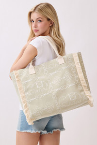 Boho Pattern Geometric and Elephant Print with Fringe Tote Bag

