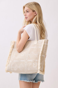 Boho Pattern Geometric and Elephant Print with Fringe Tote Bag
