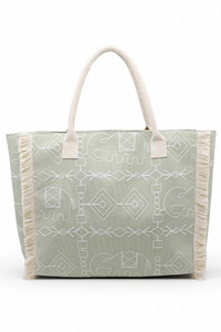 Boho Pattern Geometric and Elephant Print with Fringe Tote Bag

