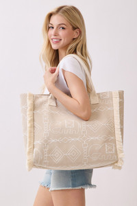 Boho Pattern Geometric and Elephant Print with Fringe Tote Bag
