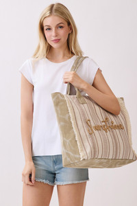 Vintage SUNSHINE Letter with Stripe Pattern and Fringe Tote Bag
