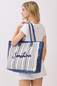 Vintage SUNSHINE Letter with Stripe Pattern and Fringe Tote Bag
