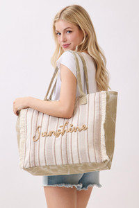 Vintage SUNSHINE Letter with Stripe Pattern and Fringe Tote Bag

