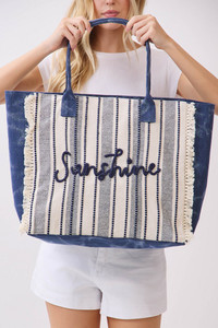 Vintage SUNSHINE Letter with Stripe Pattern and Fringe Tote Bag
