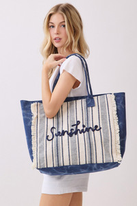Vintage SUNSHINE Letter with Stripe Pattern and Fringe Tote Bag
