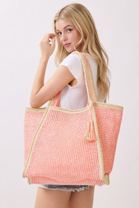 Two Tone Woven Straw with Tassel Tote Bag
