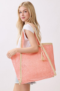 Two Tone Woven Straw with Tassel Tote Bag
