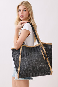 Two Tone Woven Straw with Tassel Tote Bag
