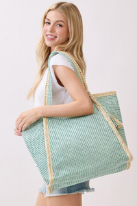 Two Tone Woven Straw with Tassel Tote Bag