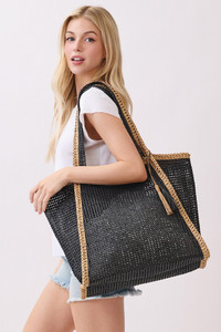 Two Tone Woven Straw with Tassel Tote Bag