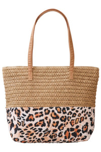 Leopard Pattern Fabric Print with Straw Tote Bag
