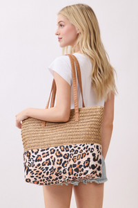 Leopard Pattern Fabric Print with Straw Tote Bag
